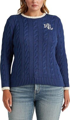 Plus Size Monogram Cable-Knit Cotton Sweater (Indigo Sail) Women's Clothing