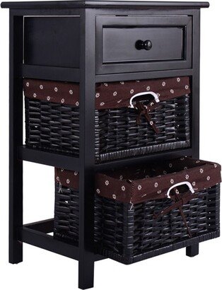 Black Night Stand 3 Tiers 1 Drawer Bedside End Table Organizer Wood W/2 Baskets