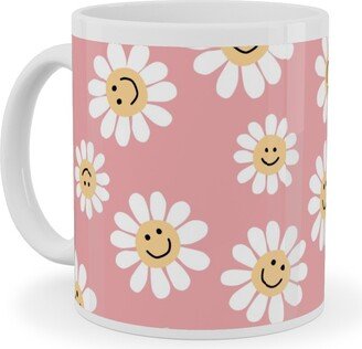 Mugs: Smiley Daisy Flowers - Pink Ceramic Mug, White, 11Oz, Pink