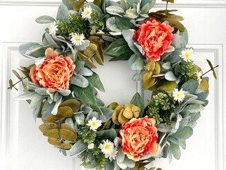 Orange Peony & Eucalyptus Summer Fall Wreath, Thanksgiving Lambs Ear Daisy Wreath