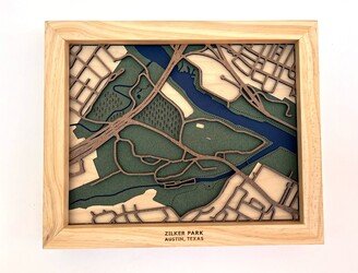 Zilker Park Map; Layered Laser Cut Topographical Map With Features Of Austin's