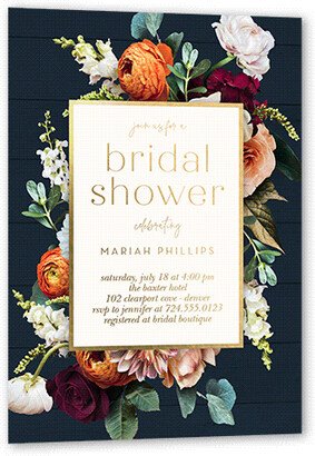 Bridal Shower Invitations: Autumnal Bouquet Bridal Shower Invitation, Gold Foil, Blue, 5X7, Matte, Personalized Foil Cardstock, Square