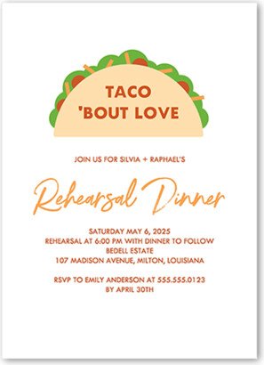 Rehearsal Dinner Invitations: Taco Love Rehearsal Dinner Invitation, White, 5X7, Pearl Shimmer Cardstock, Square