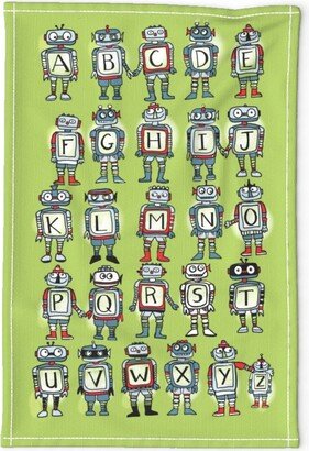 Robot Abcs Tea Towel - Alphabet By Cynbog Cute Modern Children Lime Green Linen Cotton Canvas Spoonflower