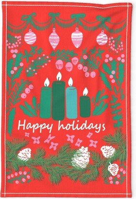 Holiday Folk Art Tea Towel - Happy Holidays By Design Dannick Nature Winter Christmas Gift Linen Cotton Canvas Spoonflower