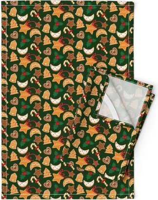 Christmas Cookies Tea Towels | Set Of 2 - Cookie By Irinakutuzova Green Stars Holiday Linen Cotton Spoonflower