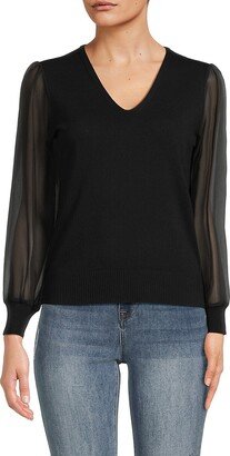 Sheer Sleeve V Neck Sweater