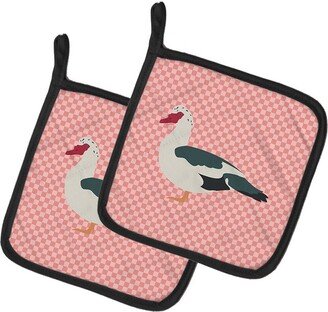 Muscovy Duck Pink Check Pair of Pot Holders