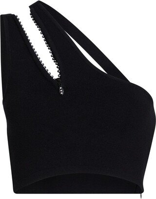 Mnk Atelier Diamantine Zip Silk Blend Knitted One Shoulder Crop Top - Black