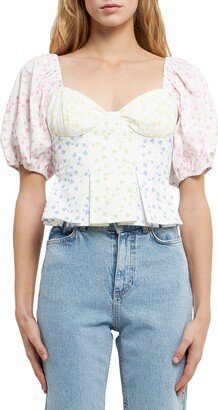 Floral Patchwork Puff Sleeve Crop Top