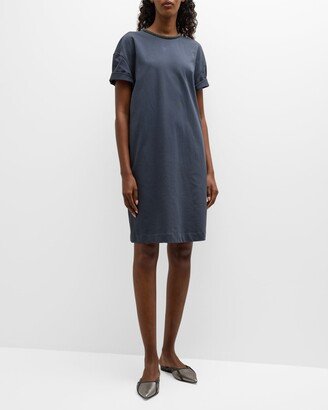 Tubular Monili-Neck Short-Sleeve Cotton Felpa T-Shirt Dress