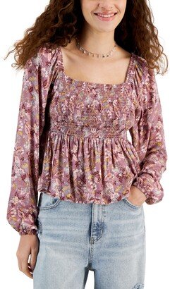 Juniors' Smocked Square-Neck Blouson-Sleeve Top