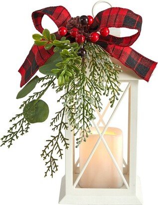 12-in Holiday White Lantern With Berries, Pine and Plaid Bow Artificial Christmas Table Arrangement with LED Candle Included