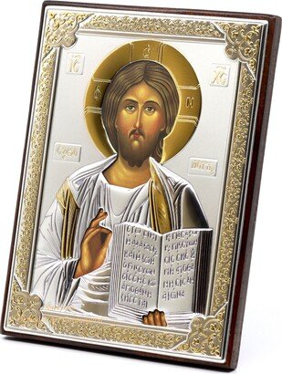 Christian Wooden Russian Orthodox Icon Lord Jesus Christ Pantocrator. Silver Plated .999 Oklad Riza | 5.12