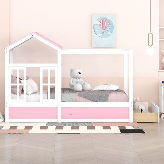 EDWINRAY Twin Wooden House Platform Bed with Roof, Window and Drawer, Pink