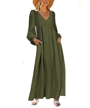 Army Green Deep V-Neck Maxi Dress - Women
