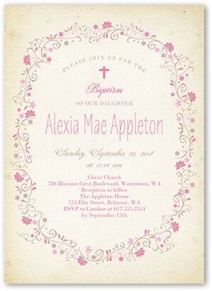 Baptism Invitations: Circled In Flowers Baptism Invitation, Pink, Standard Smooth Cardstock, Square