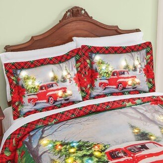 Collections Etc LED Lighted Festive Vintage Red Truck Pillow Sham - Set of 2