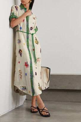 ALÉMAIS - + Lou Benesch Seeker Belted Embroidered Printed Linen Shirt Dress - Multi