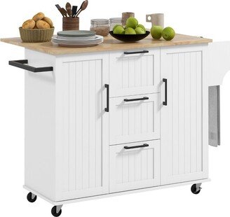 HOMCOM Kitchen Island on Wheels, Rolling Kitchen Cart with Rubber Wood Drop Leaf, 3 Drawers, Storage Cabinets, Spice Rack and Towel Rack, White