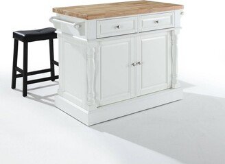 Oxford Kitchen Island with 2 Upholstered Saddle Stools White