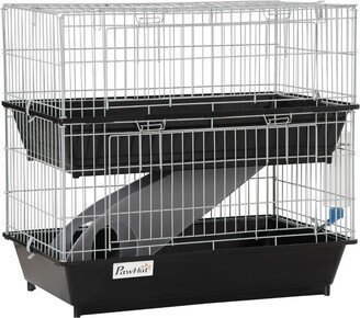 2-Tier Small Animal Cage Enclosure, Play House for Bunny, Ferret, Chinchilla with 2 Doors, Platform, Ramp, Dish and Bottle, Black