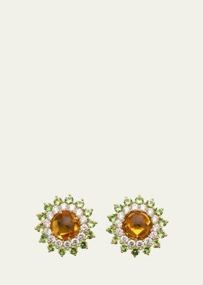 Yellow Gold Pinkpoint Stud Earrings with Diamonds, Tsavorite and Yellow Beryl