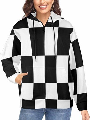 LOSARON Black and White Checkered Pattern Women's Comfortable Hoodie Full-Zip Hooded Sweatshirt Zipper Drawstring Hooded Jackets 3XL