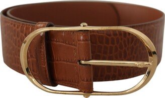 Brown Wide Waist Leather Gold Oval Metal Buckle Women's Belt