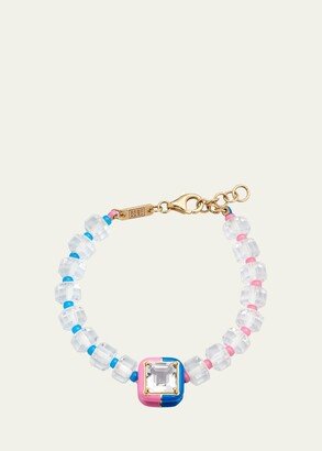 B Beaded Bracelet with Pink and Cobalt Enamel, Rock Crystal and Glass Beads