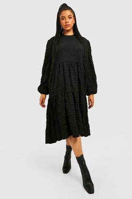 Plus Textured Long Sleeve Midi Smock Dress