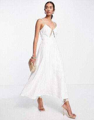 linen cami midi dress with cut-out detail in white