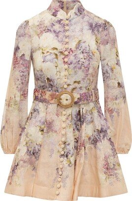 Floral Print Belted-Waist Mini Dress