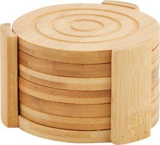 Juvale Bamboo Coasters Set of 6 with Holder for Coffee Table, Warm Beverages, 4.3 in