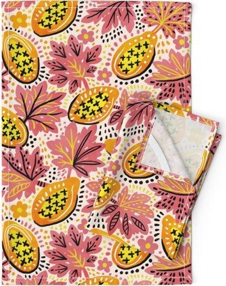 Fruits & Leaves Tea Towels | Set Of 2 - Summer Papaya By De Koro Abstract Bold Bright Linen Cotton Spoonflower