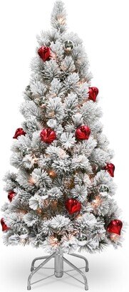 National Tree Company National Tree 4.5' Snowy Bristle Pine Tree with Red Silver Ornaments 150 Clear Lights