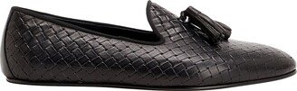 Woven Printed Leather Tassel Slipper Loafers Black