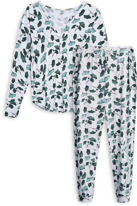 AQS Leaf Print Long Sleeve Henley & Joggers 2-Piece Pajama Set