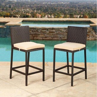 Outdoor Cailen Wicker Patio Bar Stools with Cushions, Set of 2