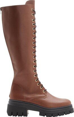 Leather Lace-up Tall Boots Knee Boots Tan