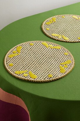 Set Of Two Embroidered Raffia Placemats - Yellow