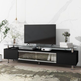 67.3 Simple Stylish Design TV Stand with Silver Metal Legs and Sliding Glass Door, Black