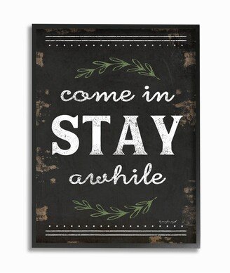 Come Stay Awhile Rosemary Typography Distressed Black Framed Giclee Art, 11 x 14