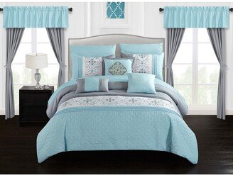 Jurgen Color Block Floral Embroidered Technique with Ruffled Details King Bed In a Bag Comforter 20-Piece Set - Aqua Blue