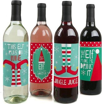 Big Dot Of Happiness Elf Squad - Elf Christmas Party Decor - Wine Bottle Label Stickers - 4 Ct