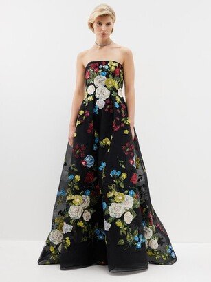 Strapless Floral-embroidered Tulle Gown