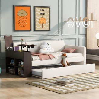 Twin Size Upholstered Daybed with Trundle, Storage Arm, Cup Holder and USB Design