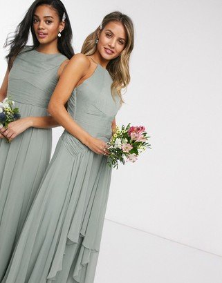 Bridesmaid pinny maxi dress with ruched bodice and layered skirt detail