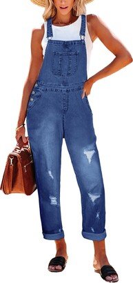 HAPCOPE Women's Ripped Distressed Stretch Casual Adjustable Jumpsuit Denim Bib Overalls Jeans Pants Blue 2XL