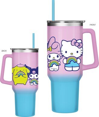 Silver Buffalo Sanrio Hello Kitty and Friends Featuring My Melody, Kuromi, and Pompompurin Rainbow Ombre Stainless Steel Tumbler w Handle, 40 Ounces